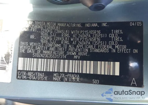 2005 Toyota Sienna Le из США, поврежденный, VIN 5TDZA23C35S317314